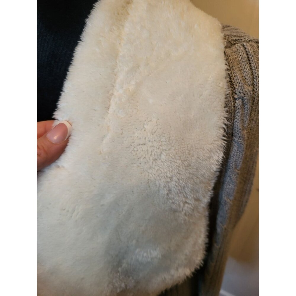 Gray Faux Suede/Faux Fur Cable Knit Ribbed Open Cardigan 16P Winter Ski Lodge - Picture 3 of 9